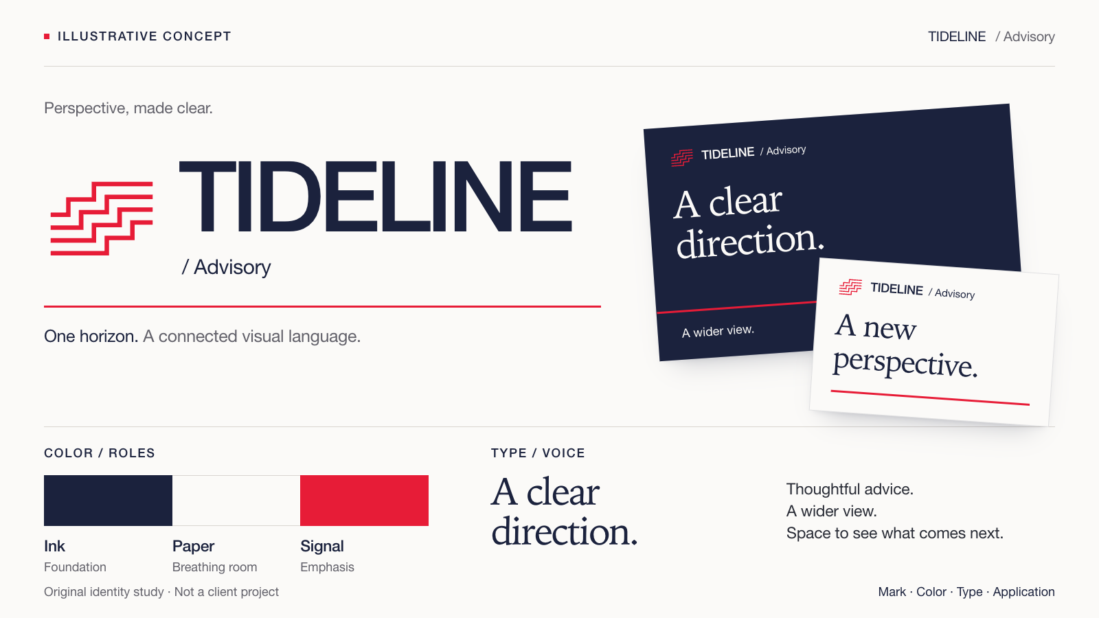 Original illustrative TIDELINE identity: a red stepped emblem, navy wordmark, Ink/Paper/Signal palette, serif type specimens and presentation and announcement layouts.