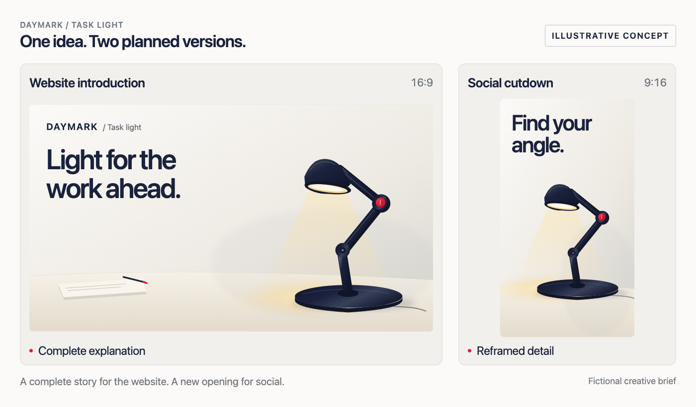 Illustrative DAYMARK versions: a landscape website introduction with the full desk-light scene and a vertical social cutdown reframed around the lamp and a new opening.