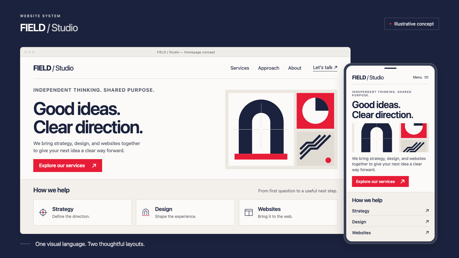 Illustrative FIELD Studio website design with clear service navigation, responsive layouts, and geometric artwork.